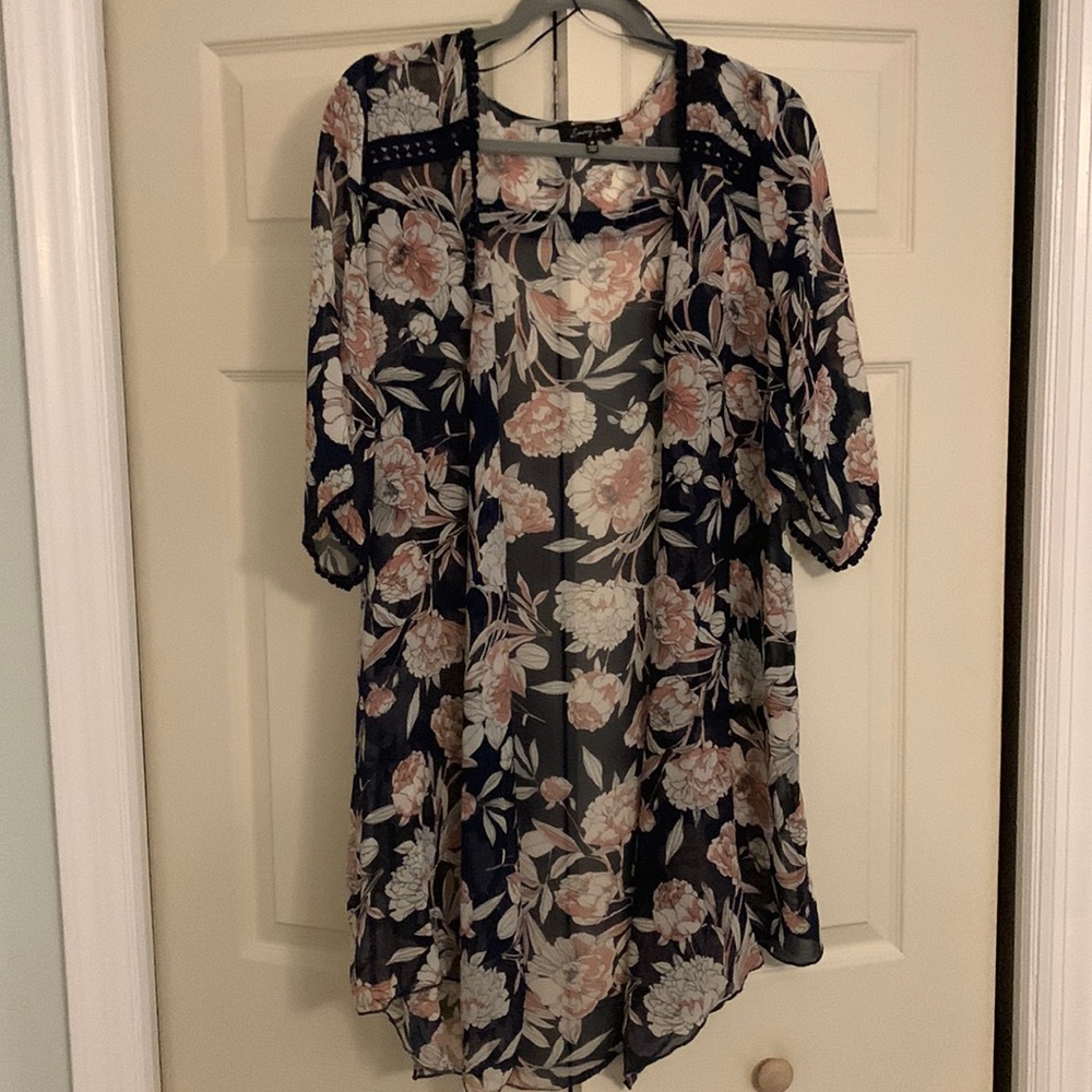 Crochet Trim Open Front Woven Top, Emory Park (Stitch Fix), size medium